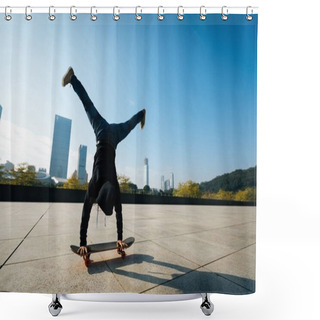 Personality  Female Skateboarder Doing A Handstand On Skateboard In City Shower Curtains