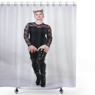 Personality  Pretty Plus Size Young Female With Short Blonde Hair Posing On White Studio Background. Hot Chubby Fashion Girl In Black Lace Bodysuit And Patent Leather Thigh High Boots Standing As Cat Woman Alone. Shower Curtains