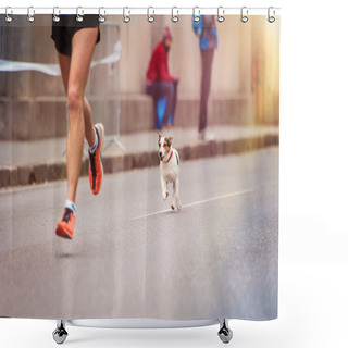 Personality  Runner And A Dog At The City Race Shower Curtains