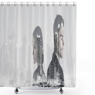 Personality  Double Exposure Of Attractive Woman And Handsome Man And New York Evening Cityscape  Shower Curtains