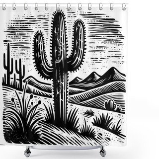 Personality  Saguaro Cactus In Desert, Linocut Print, Black And White. Shower Curtains