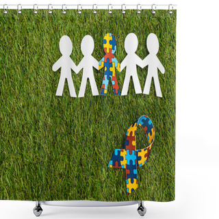 Personality  Top View Of Special Kid With Autism Among Another And Awareness Ribbon On Green Background Shower Curtains