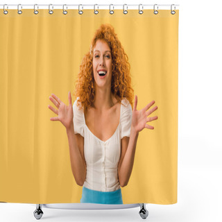 Personality  Excited Woman With Red Hair Gesturing Isolated On Yellow Shower Curtains