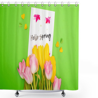 Personality  Top View Of Bouquet, Card With Hello Spring Lettering And Decorative Hearts On Pink Shower Curtains