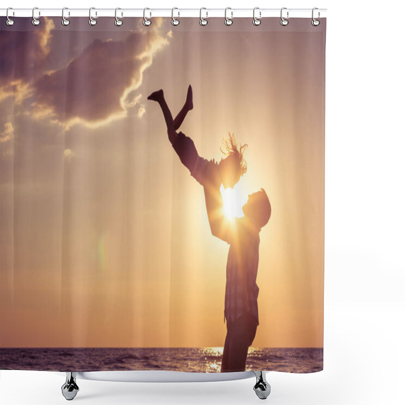 Personality  Father And Son Playing On The Beach At The Sunset Time. Shower Curtains