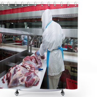 Personality  Cutting Meat Slaughterhouse Workers In A Meat Factory. Shower Curtains