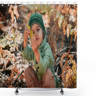 Personality  Little Caucasian Baby Girl Squatting In The Forest Among Ferns Shower Curtains
