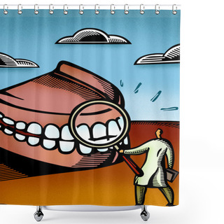 Personality  Dentist Looking At Giant Dentures Through A Magnifier Shower Curtains
