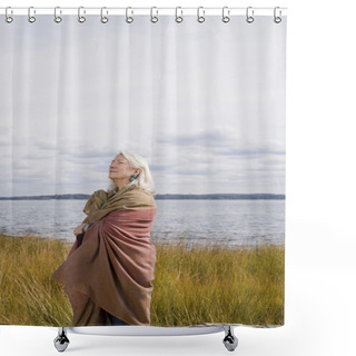 Personality  Senior Woman Standing Near A Lake Shower Curtains