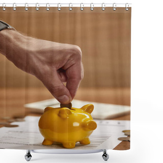 Personality  Partial View Of Man Putting Coin In Yellow Piggy Bank Shower Curtains