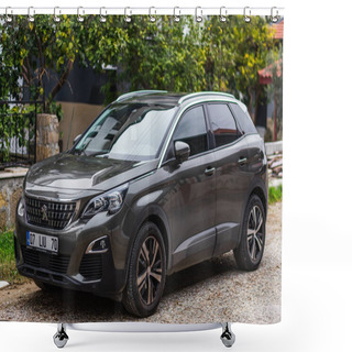 Personality  Side, Turkey -February 01, 2023:    Black Peugeot 3008   Is Parked  On The Street On A Warm Day  Shower Curtains