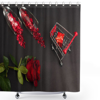 Personality  Top View Of Red Rose Near Glasses With Confetti And Tiny Present In Shopping Cart On Black Shower Curtains