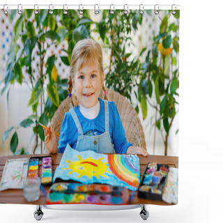 Personality  Little Toddler Girl Painting Rainbow And Sun With Water Colors During Pandemic Coronavirus Quarantine Disease. Children Painting Rainbows Around The World With The Words Lets All Be Well. Happy Child Shower Curtains