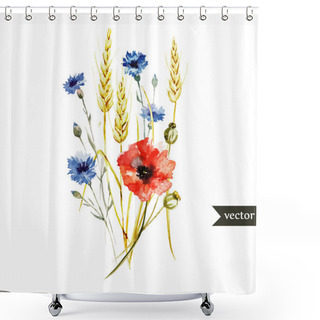 Personality  Watercolor Poppy, Cornflower, Wheat Bouquet Shower Curtains