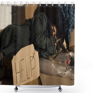 Personality  Depressed Homeless Man Lying On Cardboard On Rubbish Dump Shower Curtains