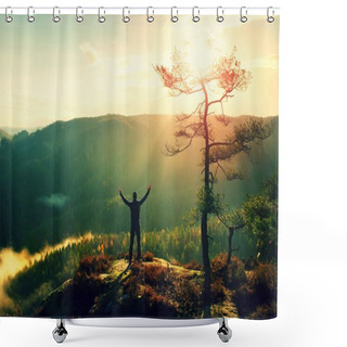 Personality  Sunny Morning. Happy Hiker With Hands In The Air Stand On Rock Bellow Pine Tree. Misty And Foggy Morning Valley. Shower Curtains