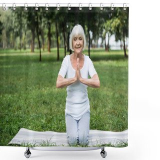 Personality  Senior Woman On Yoga Mat In Meditation Sukhasana Sitting Pose With Folded Hands Shower Curtains