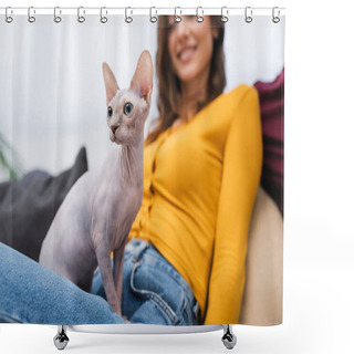 Personality  Cropped View Of Sphynx Cat Sitting Near Blurred Woman In Living Room  Shower Curtains