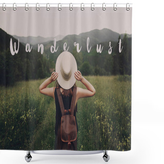Personality   Hipster Traveler Woman Holding Hat Shower Curtains