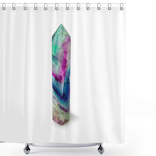 Personality  Gemstones Fluorite Crystal On White Backgroung. Magic Rock For Mystic Ritual, Witchcraft And Spiritual Practice. Natural Stone To Attract Love And Energy. Copy Space For Text Shower Curtains