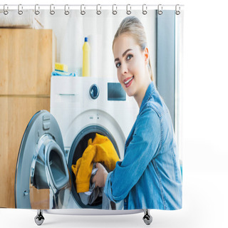 Personality  Young Woman Smiling At Camera While Putting Laundry Into Washing Machine Shower Curtains
