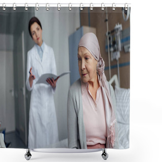 Personality  Upset Senior Woman In Kerchief With Cancer Sitting On Hospital Bed With Female Doctor Holding Diagnosis On Background Shower Curtains