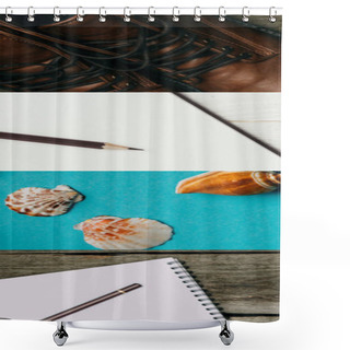 Personality  Collage Of Leather Boots, Blank Notebook With Pencil On Wooden Background And Seashells On Blue Background, Travel Concept Shower Curtains