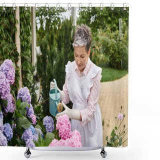 Personality  Appealing Merry Mature Woman In Vivid Dress Watering Her Vibrant Hydrangeas In Her Garden In England Shower Curtains