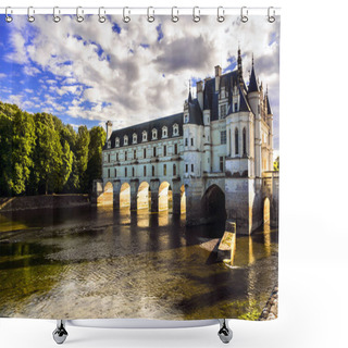 Personality  Majestic Chenonceau Castle Over Sunset, Beautiful Castles Of Loire Valley,France. Shower Curtains