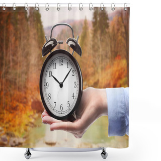 Personality  Alarm Clock Against Nature Landscape  Shower Curtains