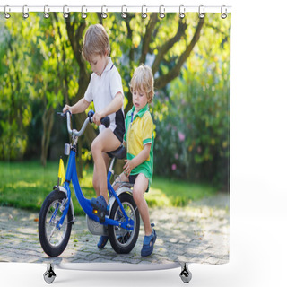Personality  Two Happy Little Sibling Kids Having Fun Together On One Bicycle Shower Curtains