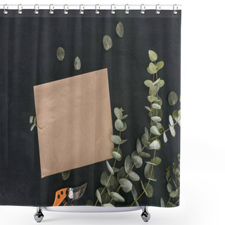Personality  Top View Of Blank Paper Envelope With Garden Shears And Eucalyptus Branches Over Black Background Shower Curtains