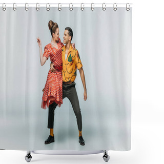 Personality  Young Dancer Holding Partner While Dancing Boogie-woogie On Grey Background Shower Curtains