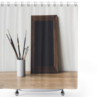 Personality  Photo Frame And Paintbrushes On Tabletop Shower Curtains