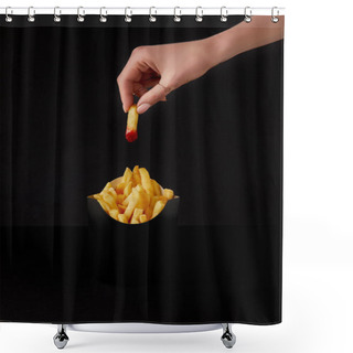 Personality  Cropped Shot Of Woman Folding French Fry Poured Into Ketchup Over Box Of Fries Isolated On Black Shower Curtains