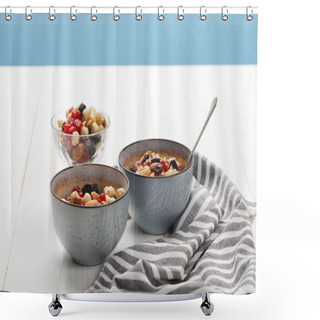 Personality  Bowls With Muesli, Dried Berries And Nuts Served For Breakfast Near Striped Napkin Isolated On Blue Shower Curtains