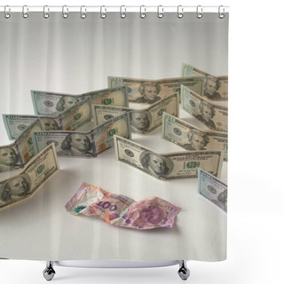 Personality  Argentina Economic Crisis, Currency Devaluation. Crumpled Argentinian Banknote And Intact US Banknotes. Concept Metaphor. Shower Curtains