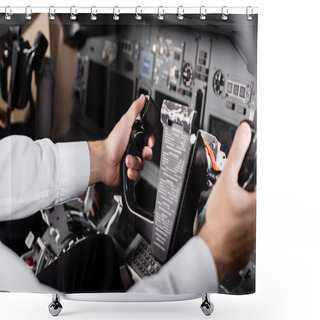 Personality  Cropped View Of Pilot Using Yoke In Airplane Shower Curtains