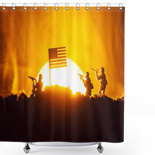 Personality  Battle Scene With Toy Warriors Near American Flag In Smoke With Sunset At Background Shower Curtains