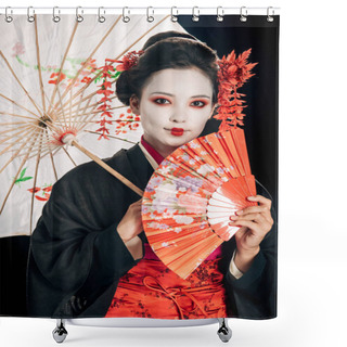 Personality  Smiling Beautiful Geisha In Black Kimono With Red Flowers In Hair Holding Traditional Asian Umbrella And Hand Fan Isolated On Black Shower Curtains