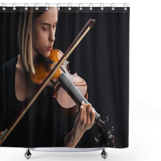 Personality  Young Concentrated Woman Playing Cello With Bow Isolated On Black Shower Curtains