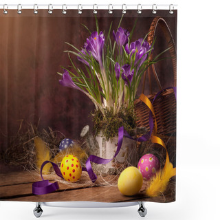 Personality  Easter Basket With Spring Flowers & Easter Eggs Shower Curtains