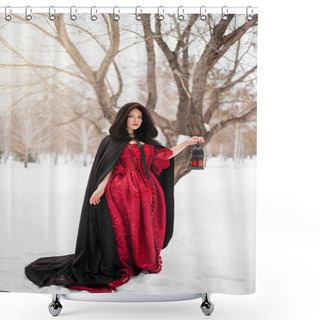 Personality  An Attractive, Young Woman In A Red Rococo Dress And A Raincoat With A Fur Hood Is Walking With A Lantern In Her Hands In The Snow Against The Background Of A Winter Forest And Trees. Shower Curtains