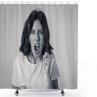 Personality  Portrait Of A Beautiful Young Woman With Angry Face Looking Furious. Human Expressions And Emotions Shower Curtains