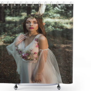 Personality  Beautiful Mystic Elf In Elegant Flower Dress In Forest Shower Curtains