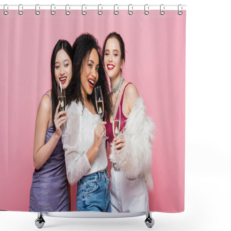 Personality  Positive Multicultural Women In Festive Clothes Holding Glasses Of Champagne Isolated On Pink  Shower Curtains