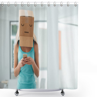 Personality  Girl With A Box On Her Head Texting Shower Curtains