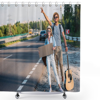 Personality  Couple Hitchhiking Together Shower Curtains