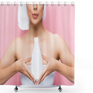 Personality  Cropped View Of Beautiful Woman With Bottle Of Body Lotion Isolated On Pink Shower Curtains