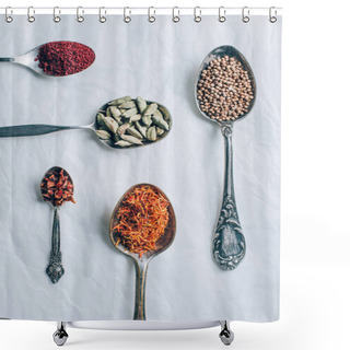Personality  Top View Of Coriander, Chilli Flakes And Saffron In Spoons On White Table Shower Curtains